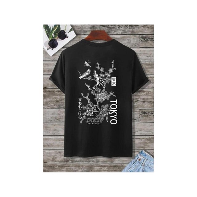 Men's Bird & Japanese Character Print Drop Shoulder Tee, Regular Fit Street Round Neck T-Shirt for Summer, Summer Clothes, Menswear for Daily outdoor