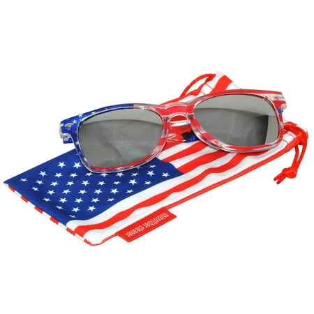 Classic American Patriot Sunglasses USA Clear American Flag Frame Silver Mirror Lens OWL with American Flag Pouch