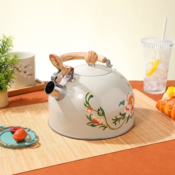 Tetera con silbido, tetera, hervidor de agua, tetera de cocina, tetera con patrón de flores, tetera para estufa