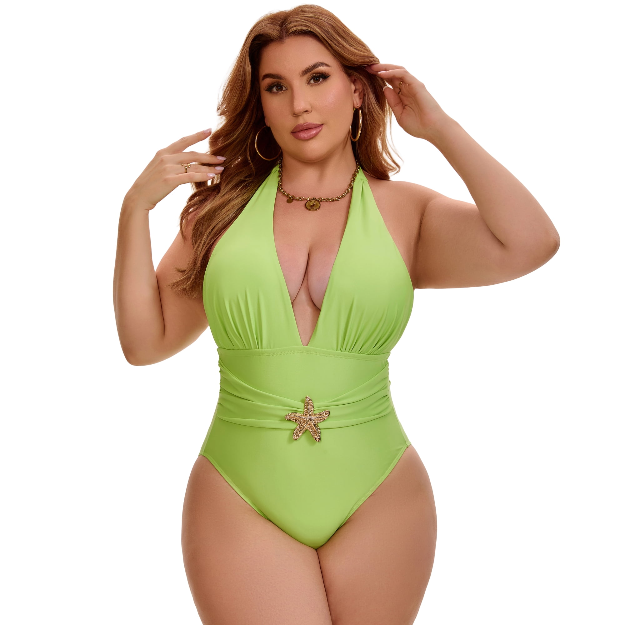 DARING DIVA Women's Plus 1 Piece Halter Tummy Control Swimwear 3X Green