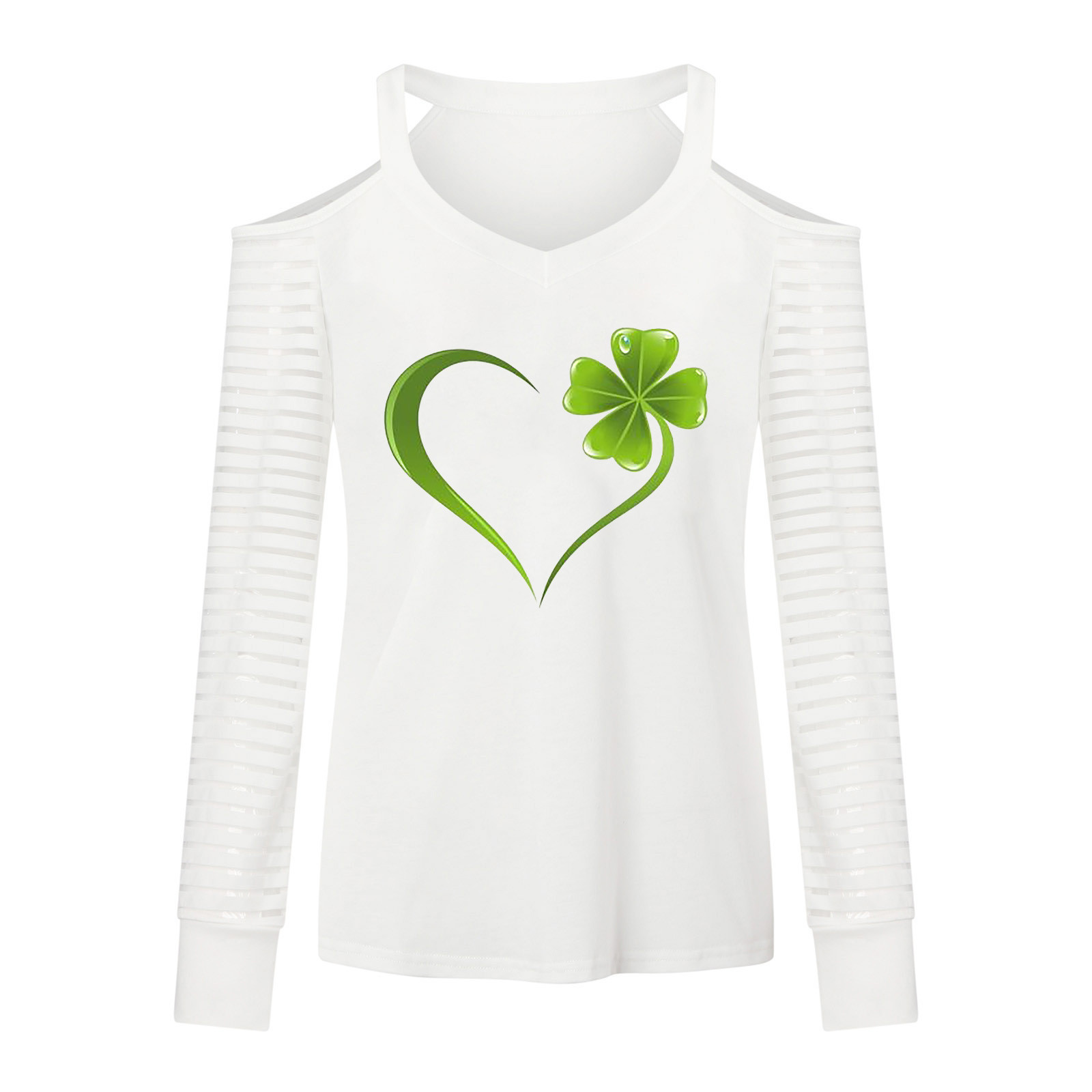 Women's St. Paddy's Day Tees Top Sheer Long Sleeve Shirts Four Leaf Clover Heart Printing Pullover Casual T-Shirt - image 4 of 5