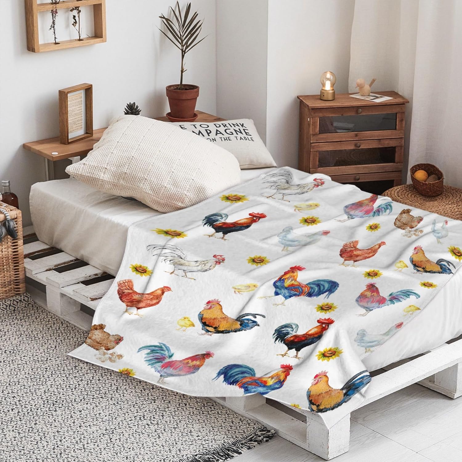 Sunflower Rooster Chickens Blanket Gifts Plush Fuzzy Cozy Soft Lightweight Blankets for Couch Air-Conditioning Quilts Decor Blanket for Chirstmas Gifts 60"x50" for Teens