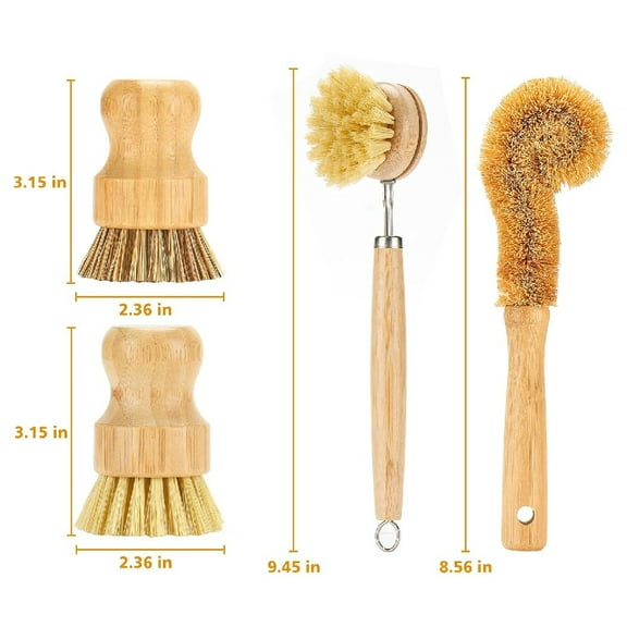 4X Wooden Dish Brushes Sets, Kitchen Clean Dish Scrubber for Pots Pans Bottles