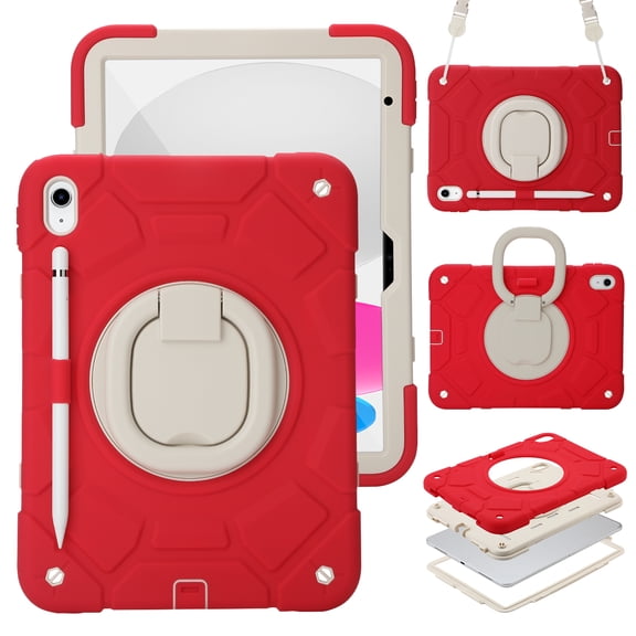 Kickstand Case for iPad (A16) 11th Generation 11 Inch 2025 and iPad 10th Generation 10.9 Inch 2022, Heavy Sturdy Shockproof Kids Cover, with 360°Rotating Stand/Pen Slot/Shoulder Strap (Red)