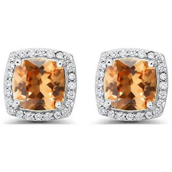 14k White Gold 4 Ct Created Halo Princess Cut Citrine Stud Earrings Plated by Paris Jewelry