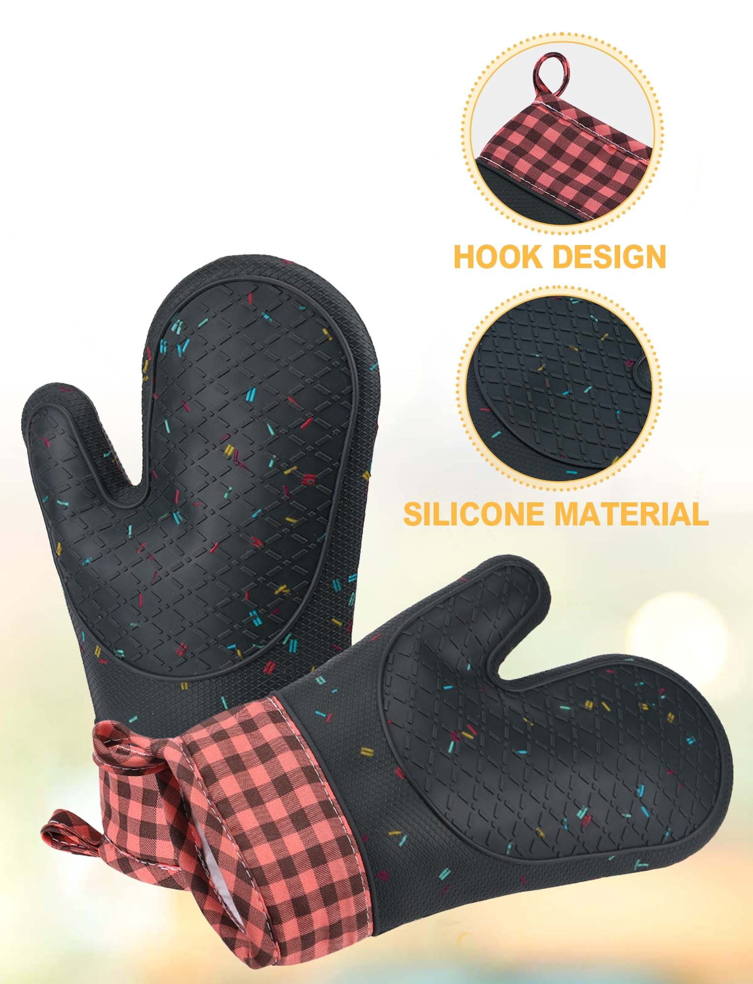 FEOYA Silicone Oven Mitts Kitchen Oven Mitten Round Potholder 4 Pcs Heat-Resistant 500℉ Non-Slip Potholder Washable Surface Soft Cotton Oven Gloves for Baking Cooking Grilling