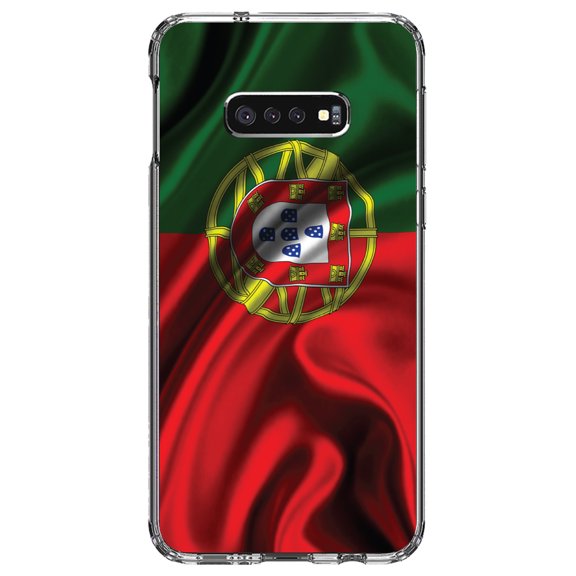 DistinctInk Clear Shockproof Hybrid Case for Samsung Galaxy S10e (5.8" Screen) - TPU Bumper, Acrylic Back, Tempered Glass Screen Protector - Portugal Waving Flag