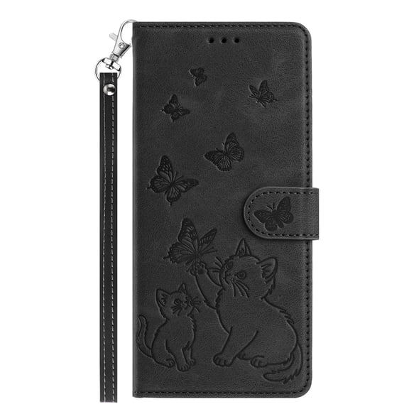 For Samsung Galaxy S25 FE Flip Phone Case,With Card Slots,Wrist Strap,Flip Folding Kickstand,Cat Playing Butterfly Emboss PU Leather Design,Shockproof Anti-fall Drop Protection Wallet Case,Black