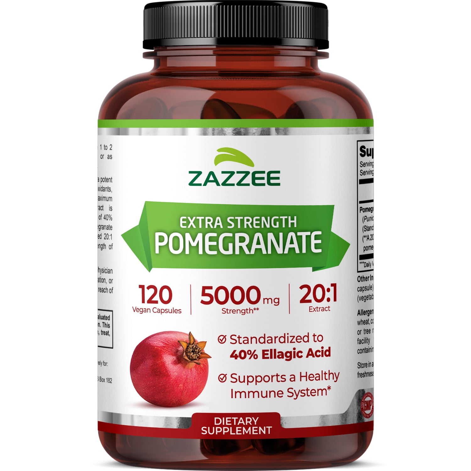 Zazzee Extra-Strength Pomegranate 20:1 Extract 5000 mg Strength – 120 Vegan Capsules – Standardized to 40% Ellagic Acid – Antioxidant, Heart & Immune Support – Vegan • Non-GMO • Made in USA