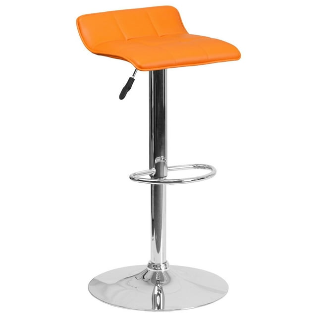 Contemporary Orange Vinyl Adjustable Height Barstool with Quilted Wave Seat and Chrome Base