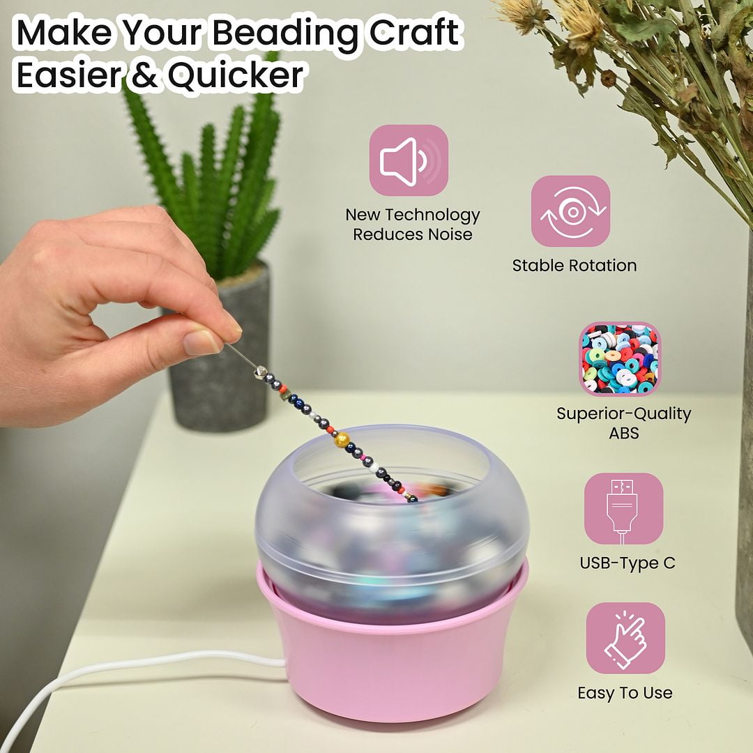 Electric Bead Spinner Kit with 2 Big Eye Beading Needles & Accessories - Clay Bead Spinner for Jewelry Making Necklace Bracelet Maker Machine Waist Beads Cute Christmas Gifts - Pink