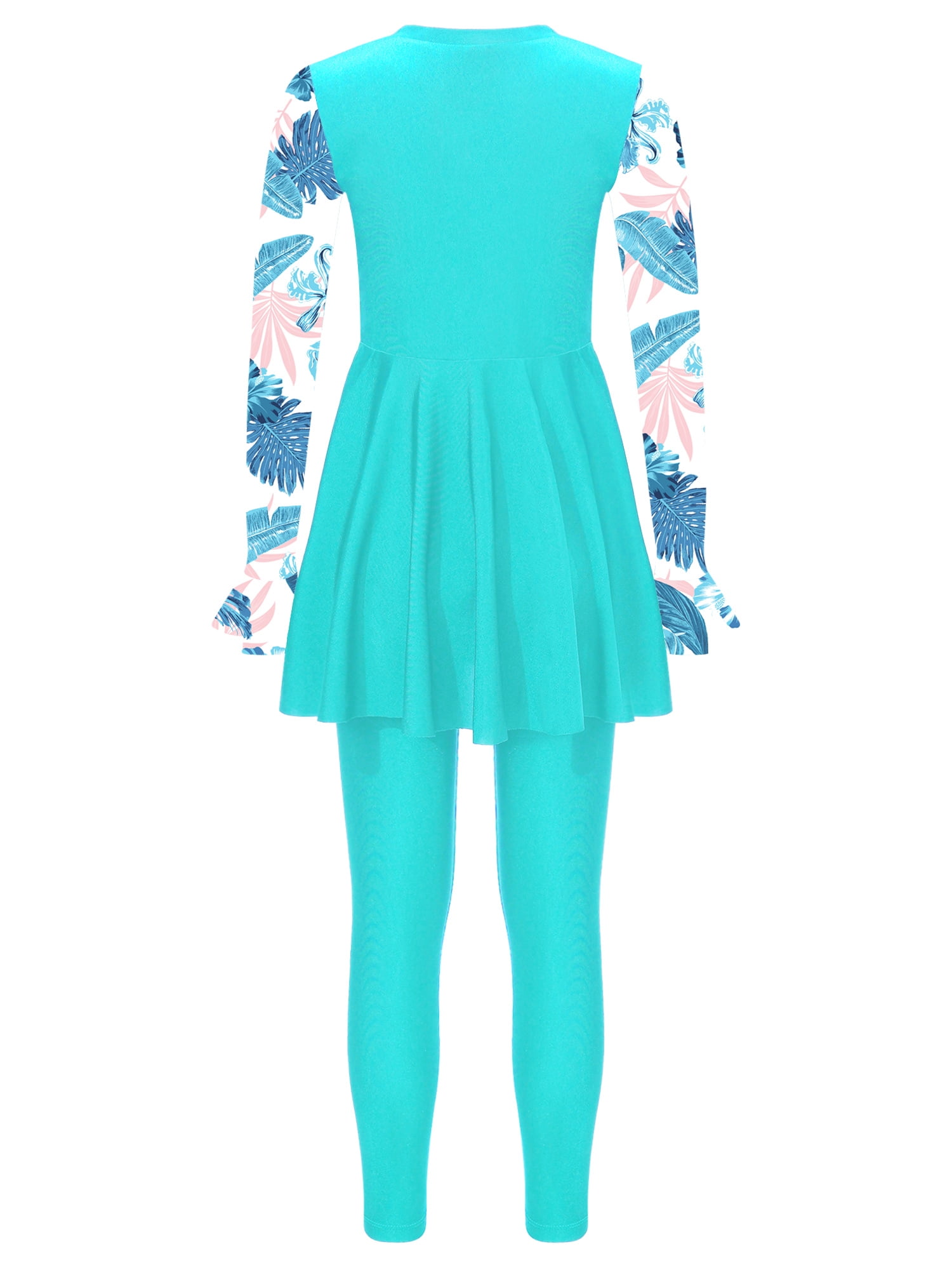 Yeahdor Girls Muslim Swimsuit Full Cover Long Sleeve Dress with Swim Trunks Islamic Full Body Swimsuit Lake Green 16