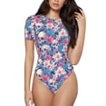 thumbnail image 2 of Uemuo white flower Skull blue Pattern Women's One Piece Short Sleeve Swimsuit Rash Guard Surfing Modest Quick-drying Swimsuit Beach Essentials-Small, 2 of 9