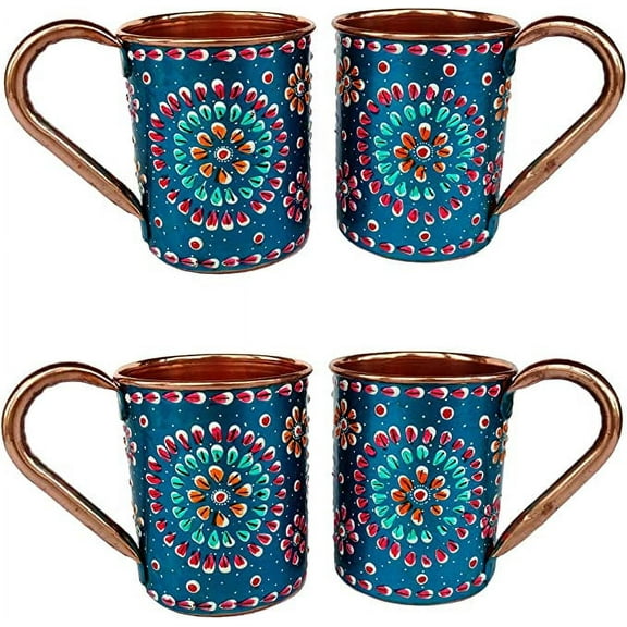 Rastogi Handicrafts Handmade Pure Copper Outer Hand Painted Art Work Wine, Vodka, Beer,Cocktail,Juice, Cold Coffee Straight Mug - Cup 16 oz Pack Of 4 Mug (TURQUOISE)