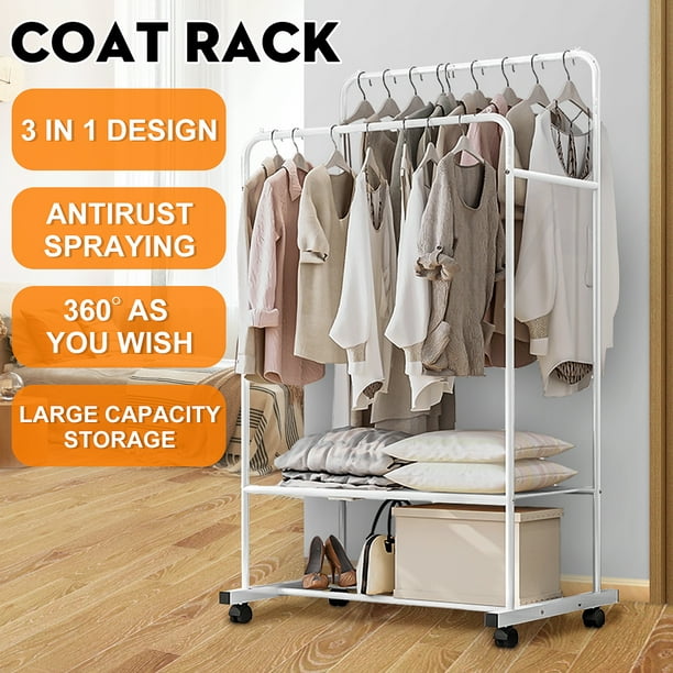 Costway 2-Tier Bamboo Garment Rack Clothing Storage Organizer Coat Hanger  w/ Rod & Hooks