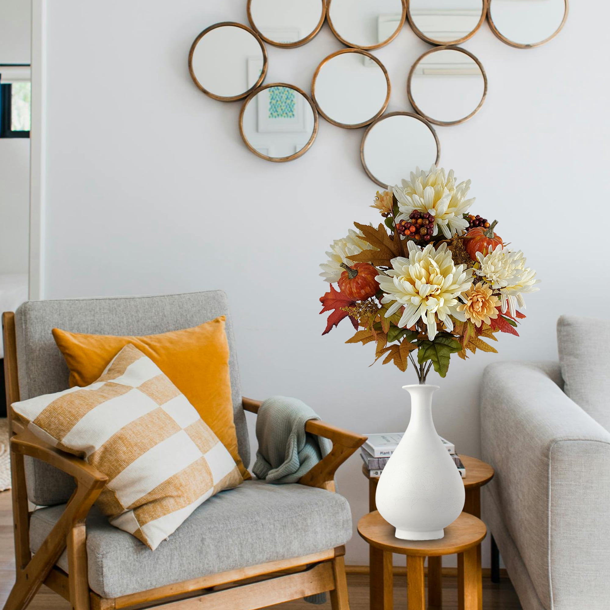 Mainstays 19.25in Indoor Artificial Cream Mum Bouquet, with Pumpkin and Leaves Accent.