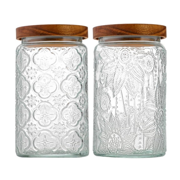 Jademall 2-Pack Vintage Embossed Glass Storage Jars, 33.8oz Airtight Canisters with Acacia Wood Lids, Decorative Food Containers for Kitchen Pantry, Coffee Beans, Flour & Candy
