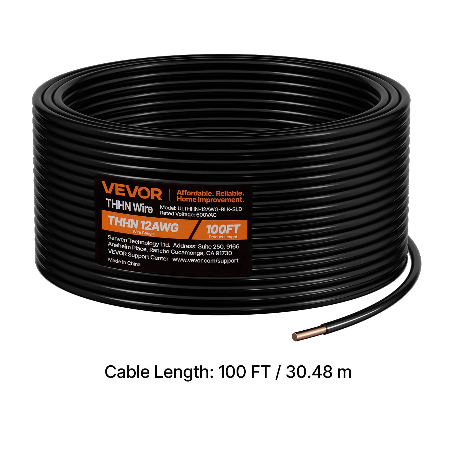 VEVOR 12 AWG Solid THHN Wire, 100% OFC Copper Electrical Building Wire with Nylon Jacket PVC Insulation, Rated for Up to 600 Volts, Heavy-Duty for Residential, Industrial, Commercial, Black