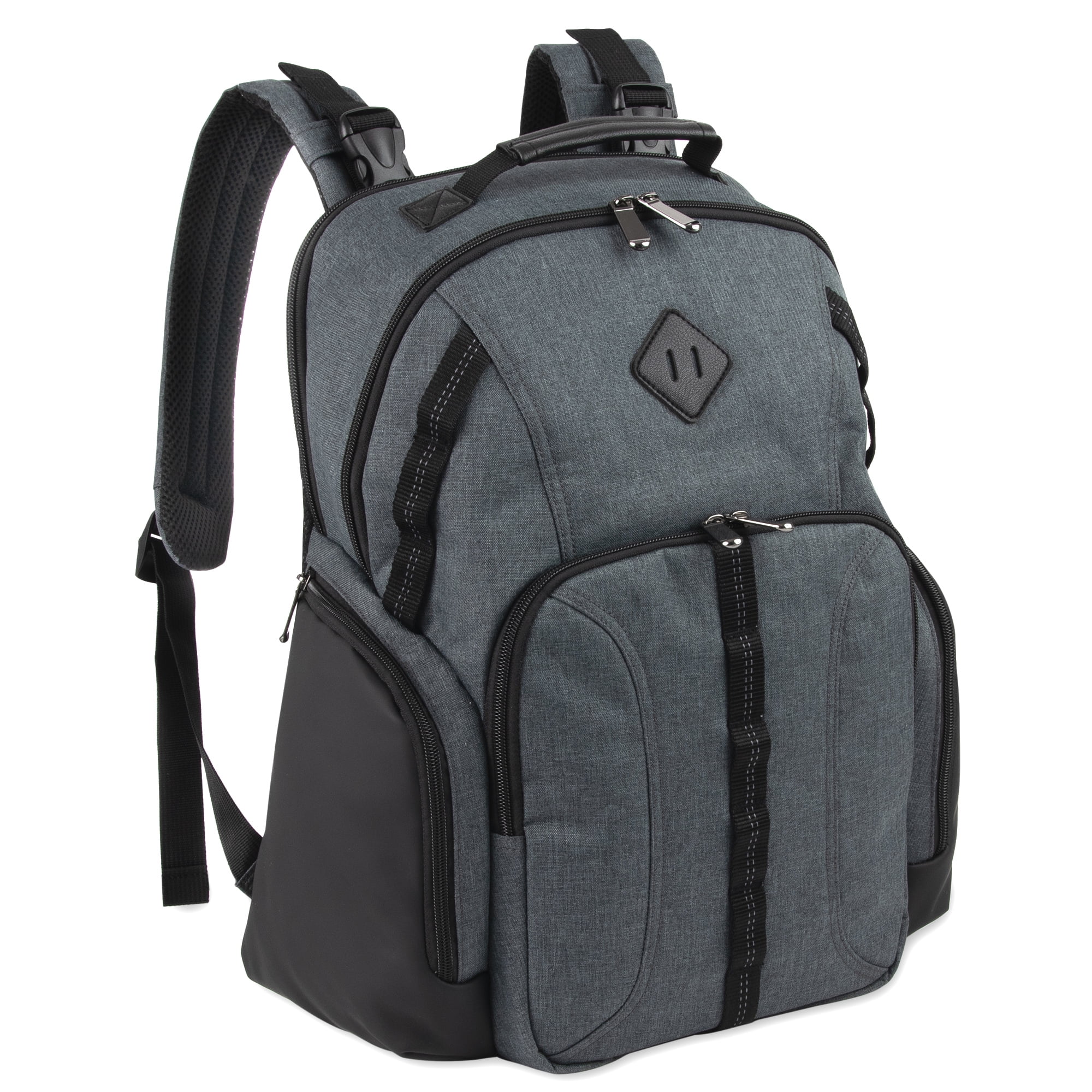 Baby Essentials Super Cooler Multi-Pocket Dual Zipper Closure Diaper Bag Backpack with Matching Changing Pad, Insulated Bottle Pockets and Stroller Straps in Gray & Black
