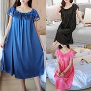 ZPAQI Womens Summer Lace Ice Silk Nightdress Short Sleeve Loose Plus Size Nightgown XL