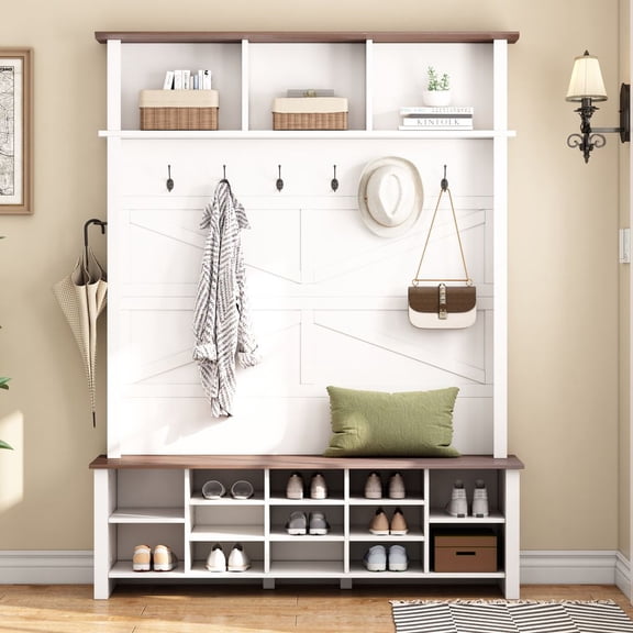 TIMOREN Farmhouse 4-in-1 Hall Tree with 6 Hooks and Bench, Walnut White Entryway Storage Organizer with 16 Shoe Compartments and Shelves for Mudroom or Living Room