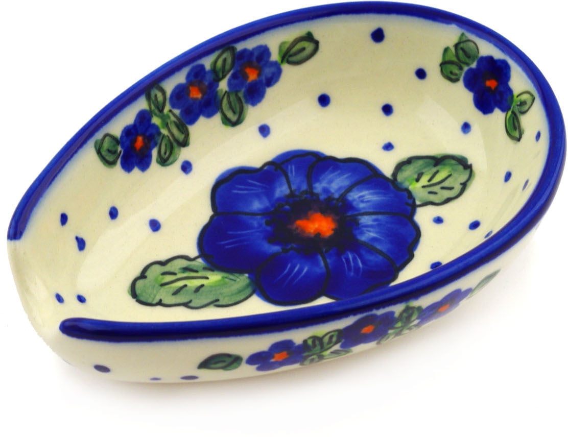 Polish Pottery 5inch Spoon Rest (Bold Blue Pansy Theme) Signature