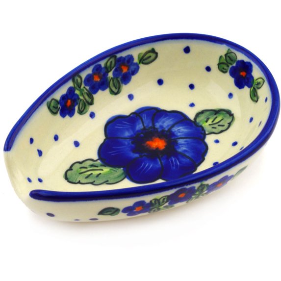 Polish Pottery 5-inch Spoon Rest (Bold Blue Pansy Theme) Signature UNIKAT Hand Painted in Boleslawiec, Poland + Certificate of Authenticity