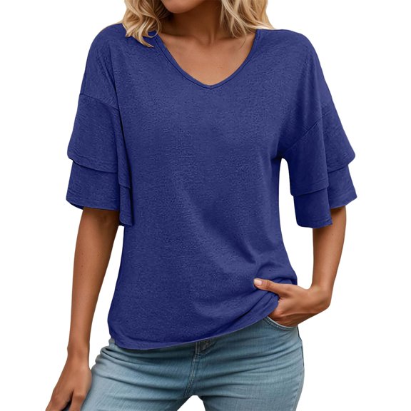 Women's V-Neck Loose Fit T-Shirt Double Layer Flounce Short Sleeve Casual Top Oversized T-shirts Short Sleeve Crewneck Casual Tops
