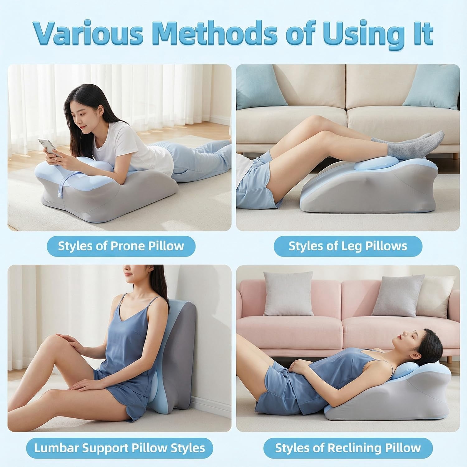 Ergonomic Memory Foam Wedge Pillow for Back Pain Relief, Acid Reflux, Sitting Up in Bed, Reading and Massage, with Removable Blue & Gray Cover