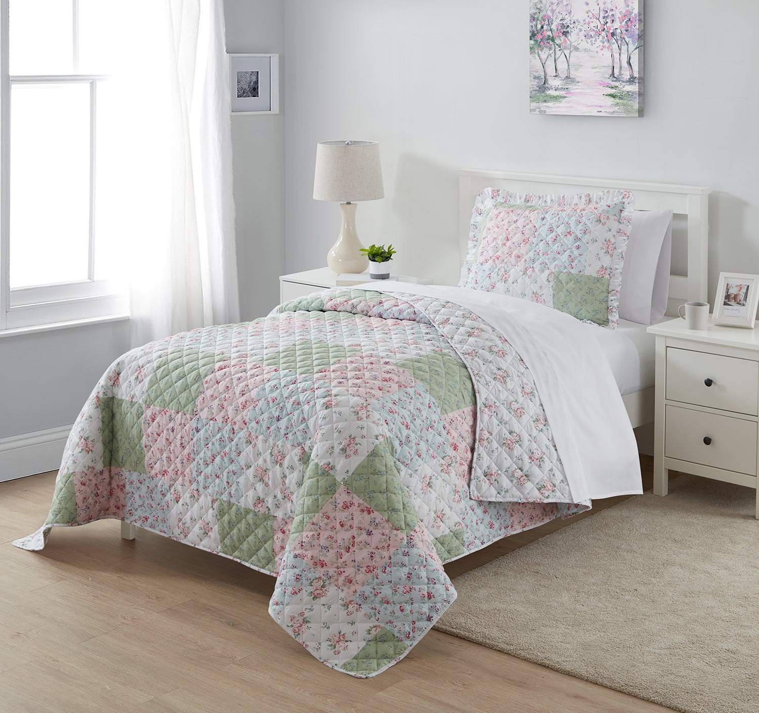 Twin SIMPLY SHABBY CHIC Patchwork DITSY Floral Ruffled Quilt & Sham 