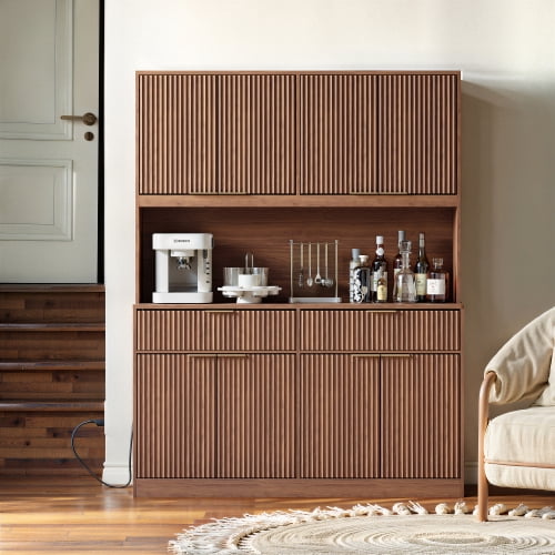 71" Tall Kitchen Pantry Cabinet with Power Outlet and Open Countertop, Modern Multi-Functional Storage Hutch Cabinet for Dining Room, Entryway and Living Room, Walnut