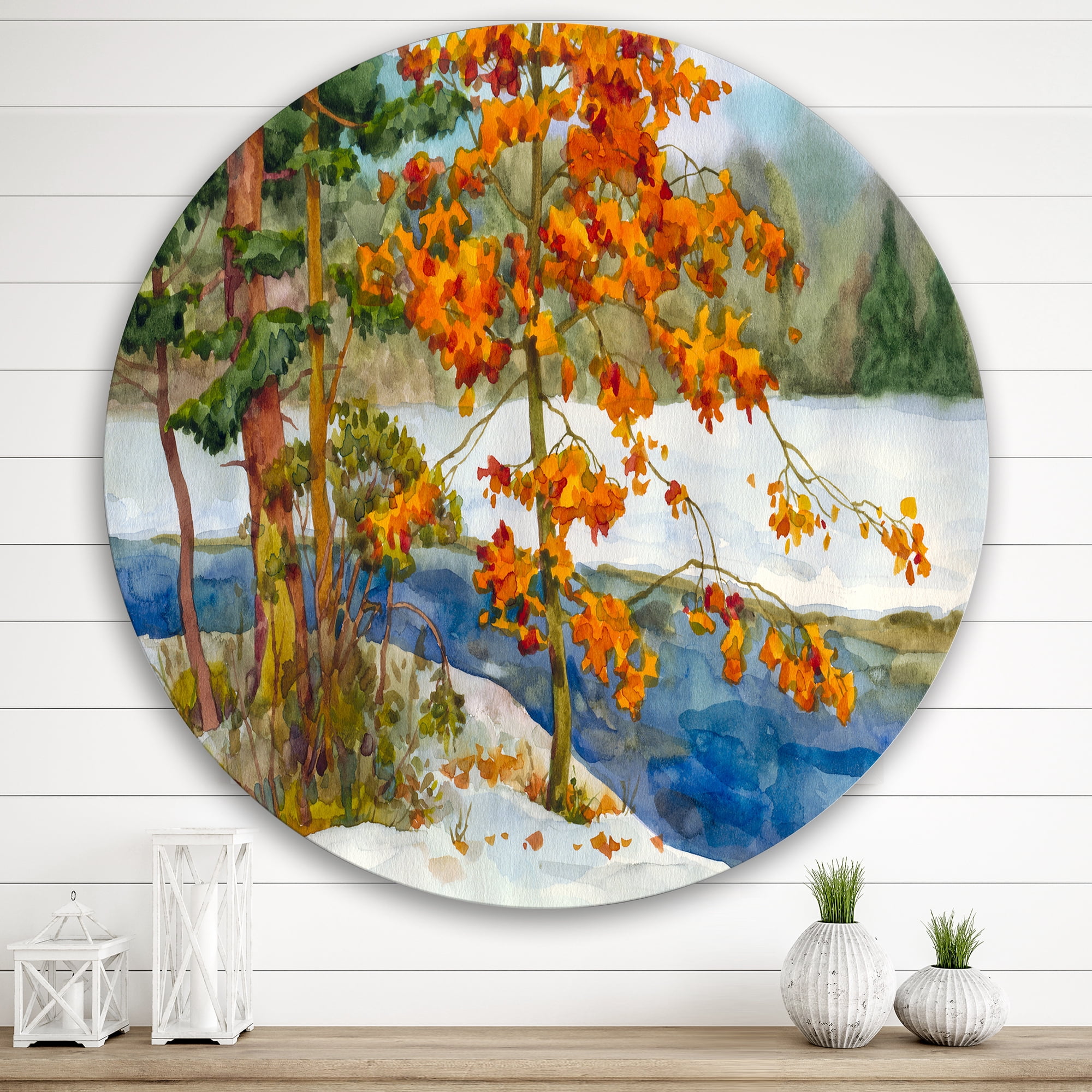 Designart 'Stream Through The Winter Forest I' Lake House Circle Metal Wall Art 29x29 - Disc of 29