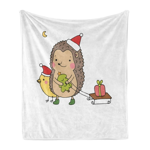 Hedgehog Soft Flannel Fleece Blanket, Cartoon Hedgehog with Bird and a Christmas Tree Pulling Sled Holiday Themed Image, Cozy Plush for Indoor and Outdoor Use, 70" x 90", Multicolor, by Ambesonne