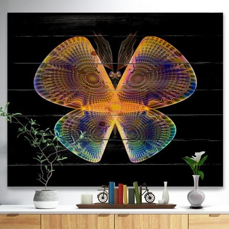 Paint Pine Wood DESIGN ART Designart 'Blue Yellow Fractal Butterfly in Dark' Abstract Print on Natural Pine Wood ()