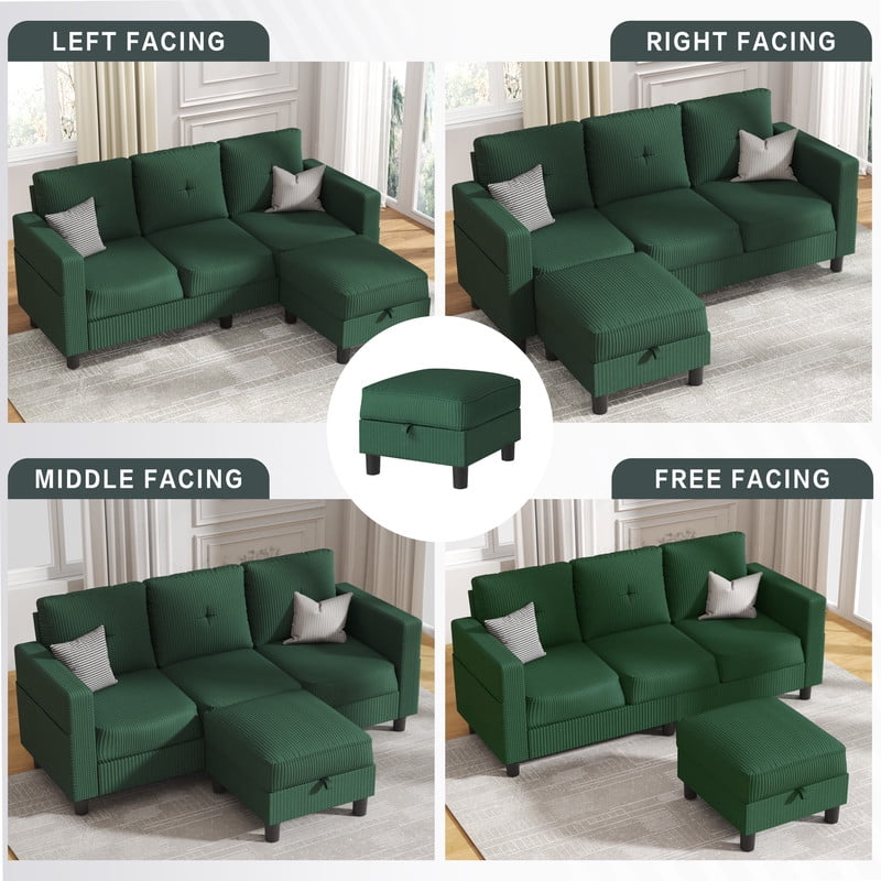 Walsunny Convertible Sectional Sofa Couch, Modern Linen Fabric L-Shaped Couch 3-Seat Sofa Sectional with Reversible Chaise for Small Living Room, Apartment and Small Space, Green
