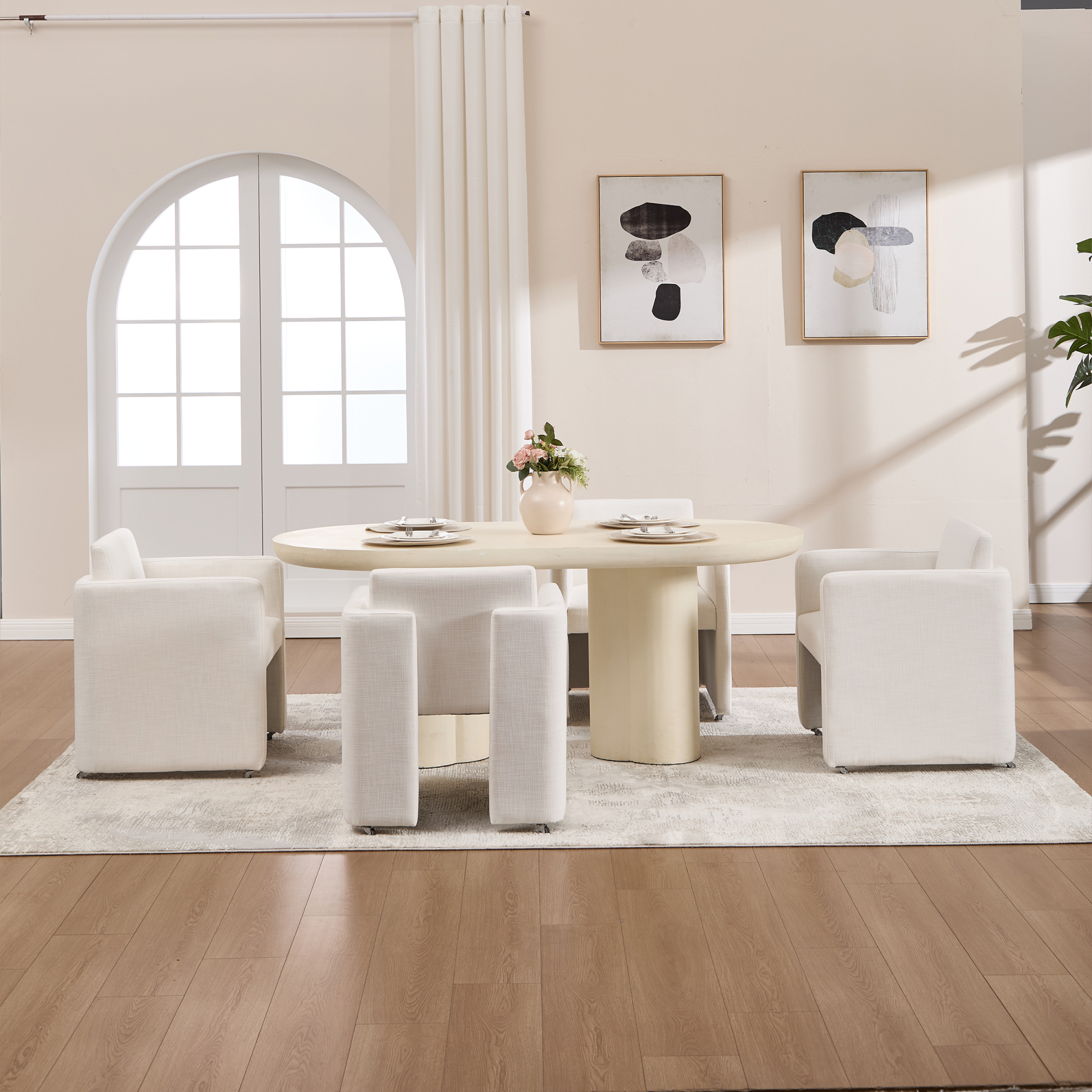Leumius Modern Barrel Dining Chair, Accent Kitchen Chair with Arms Comfy Linen Fabric, Side Chair for Living Room Home Office Reception, Cream