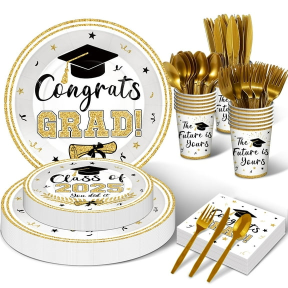 175 Pcs Graduation Tableware Set Party AFN1Supplies - Serves Grad Class of 2025 Disposable Plates, Cups, Napkins, Forks, Spoons, Knives for High School, College Graduation, Prom Decorations