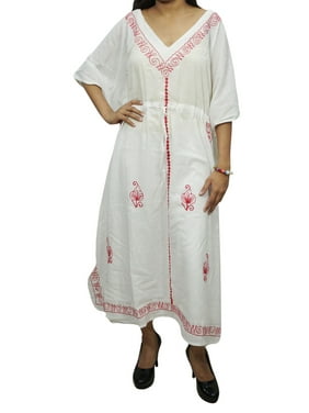 Mogul Women Cotton White Kaftan Sleepwear Resort Wear Cover Up Maxi Caftan