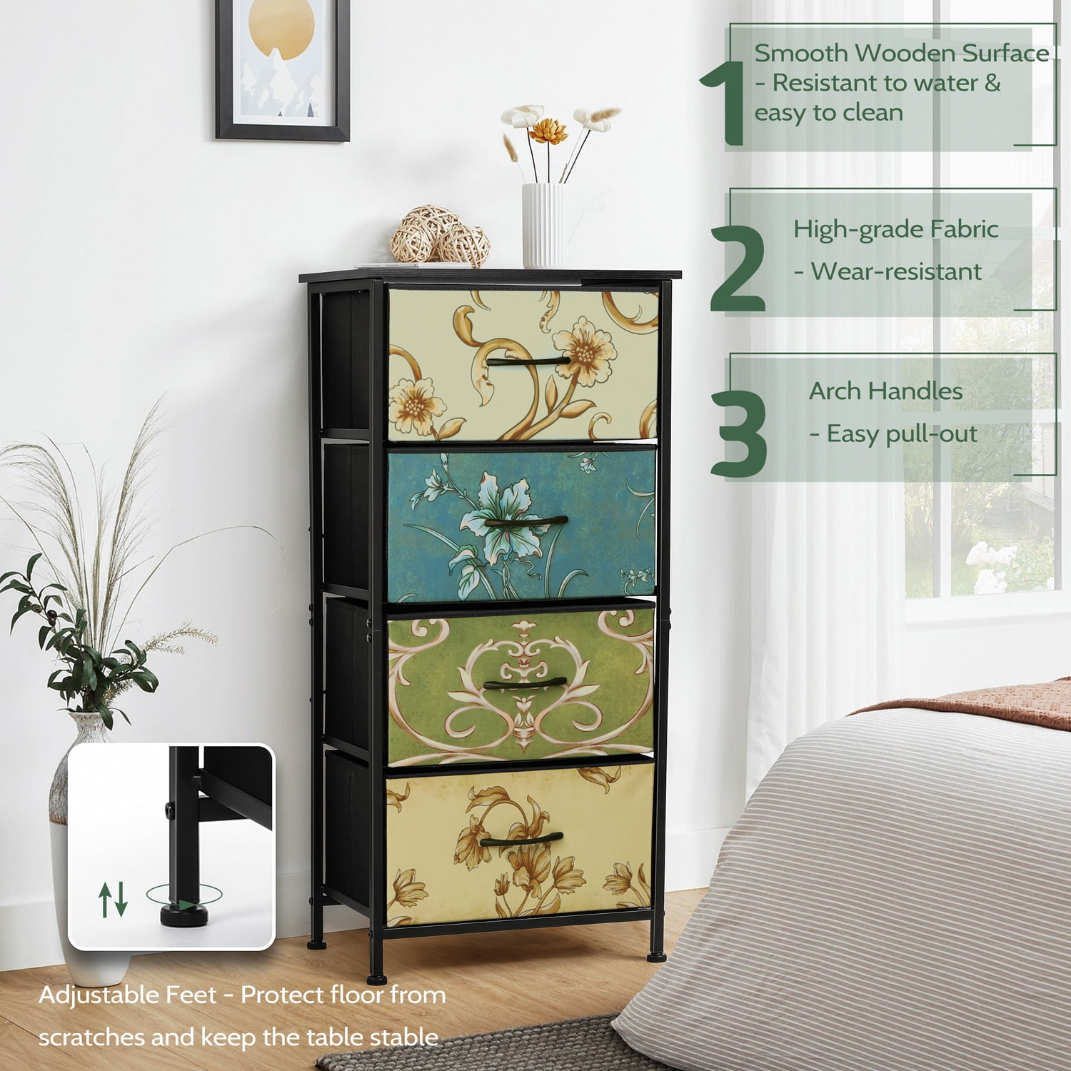 4 Drawers Dresser for Bedroom, Vesteel Fabric Chest of Drawers Tall Storage Tower with Wood Top and Sturdy Steel Frame, Storage Organizer Unit for Closet /Living Room /Hallway - Retro Floral