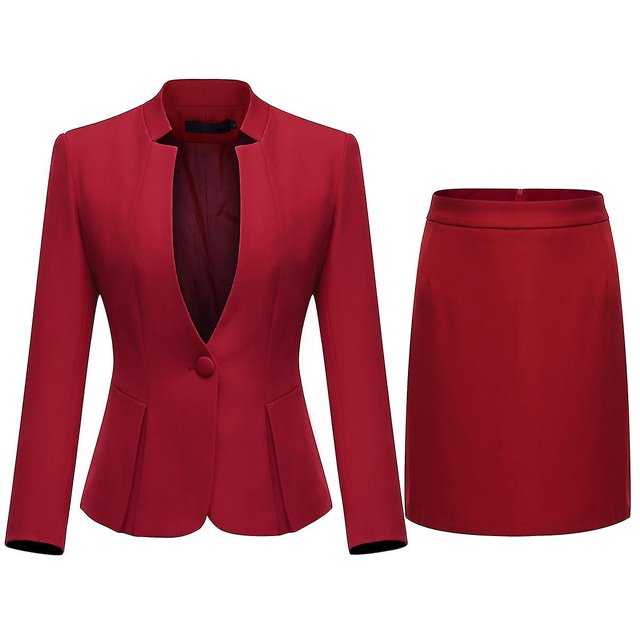 Traje de negocios de 2 piezas con cuello alto para mujer, traje de negocios de color sólido, vestido profesional ajustado para mujer de oficina (blazer + falda)