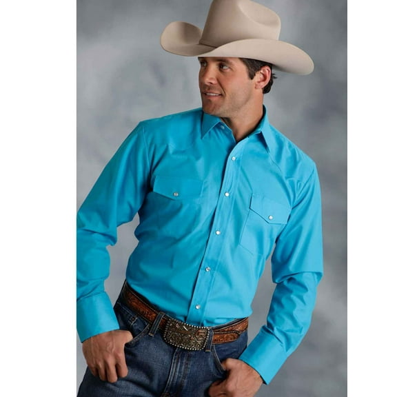 0025 Men's Long Sleeve Western Style Shirt Solid Broadcloth - Turq