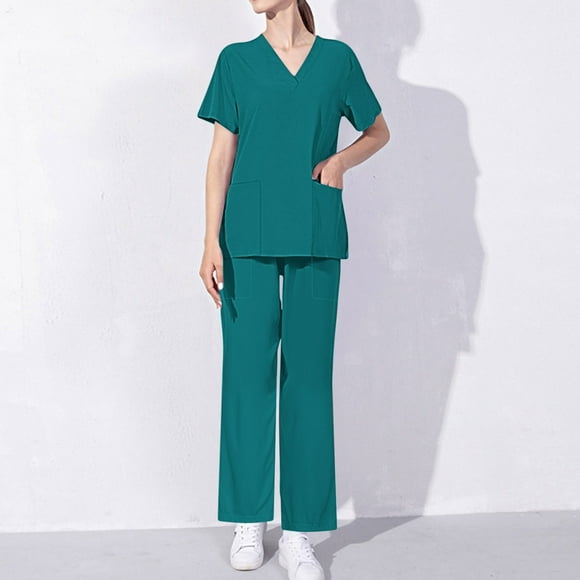 Hanen Basic Scrub Set for Women - Slim V-Neck Scrub Top & Multi Pocket Skinny Cargo Scrub Pants
