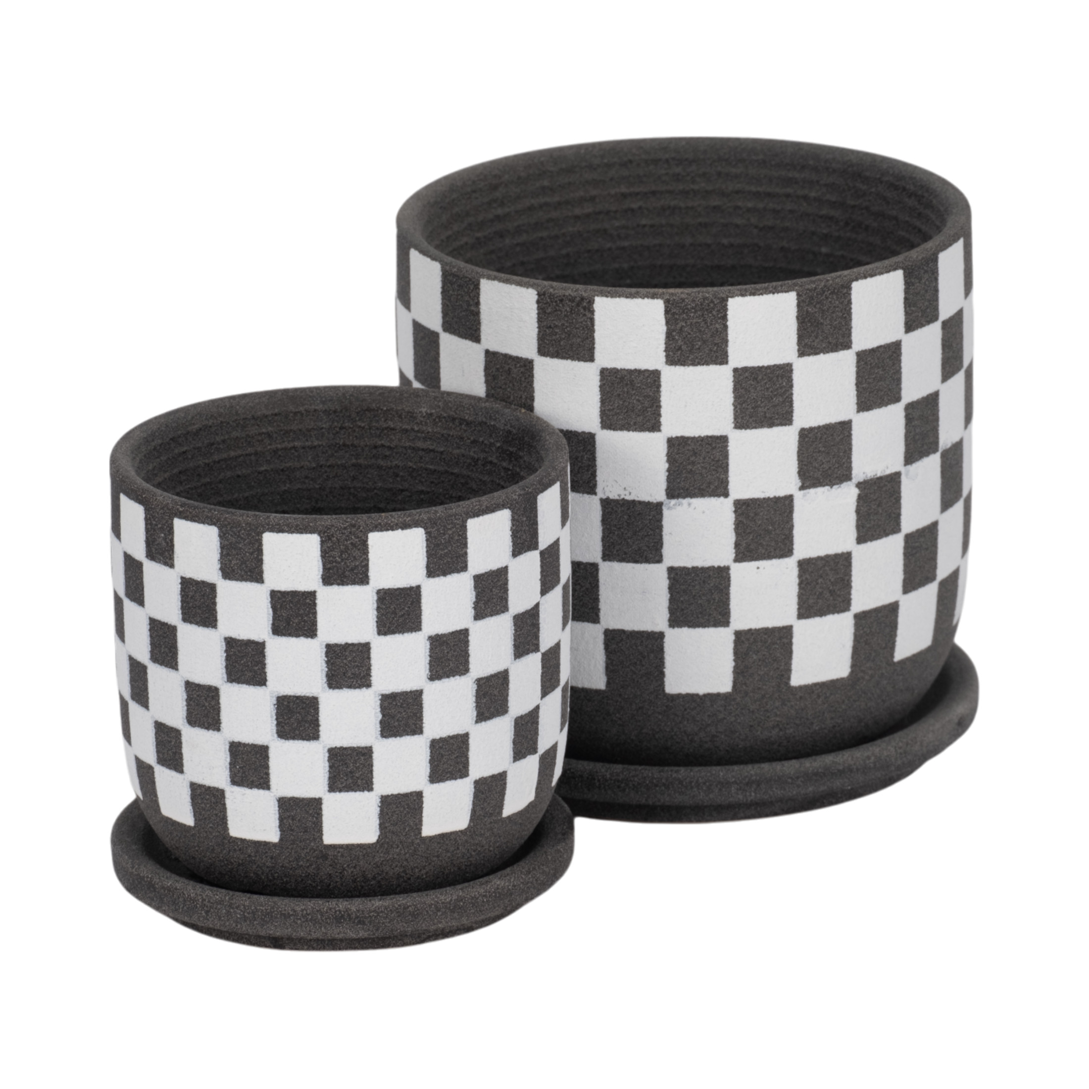 Round Checker Pattern Saucer Planters for Garden Decor - Ceramic Planter for Home and Living Room Decor - Sleek Flower Pots for Indoor and Outdoor Plants - Set of 2, 6", 5", Black & White