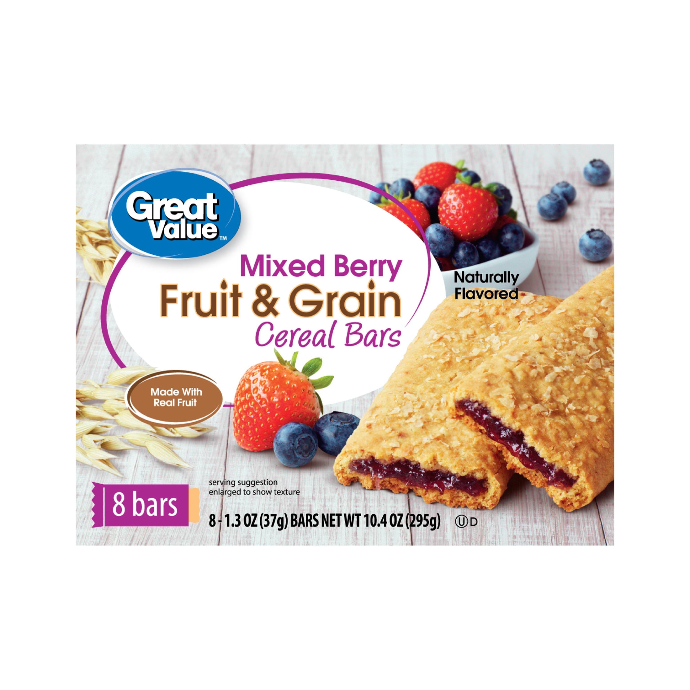 Great Value Fruit & Grain Cereal Bars, Mixed Berry, 10.4 oz, 8 Count