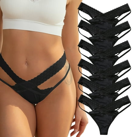 

CINVIK Sexy Cross Strap Thongs Packs for Women Seamless Lace Floral Underwear Panties Stretch Black Invisible Thongs