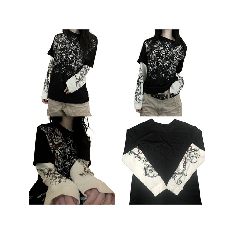 Y2K Aesthetic Fairy Grunge Short Sleeve Shirts Gothic Graphic Slim Fit Tops  Vintage Harajuku 90s E Girls Streetwear