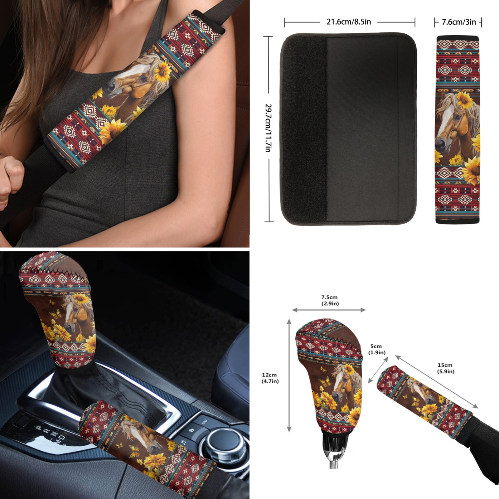 Renewold American Tribal Horse Sunflower Red Car Seat Cushion Covers Set of 12, Classic Front and Back Seat Protector, Vehicle Seat Covers Car Interior Accessories Decor Universal Fit Most Cars