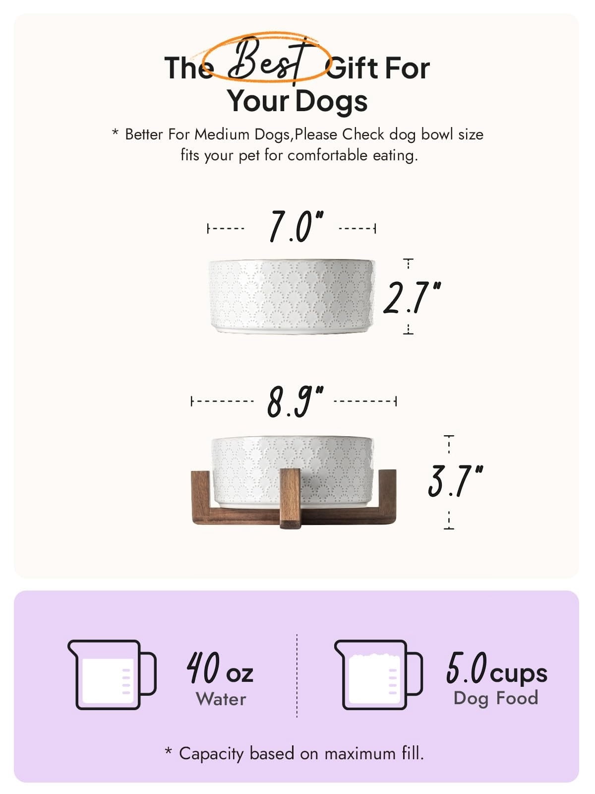 Dog Bowl Set with Acacia Wood Stand - 1.5-Cup Ceramic Puppy Bowls for Small Dogs, Dual Food and Water Bowls with Weighted Non-Slip Base