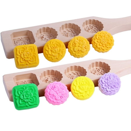 

4 Holes Moon Cake Wood Mold DIY Mung Bean Cookies Muffins Pastry Baking Tool Multi-color Wood