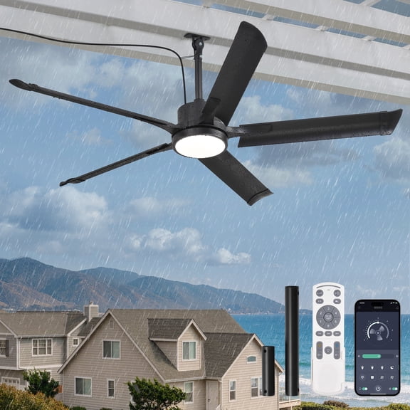 Lokivas 56in Outdoor Ceiling Fan with LED Lights, IP65 Waterproof, 6-Speed Quiet DC Motor, Remote Control, Porch